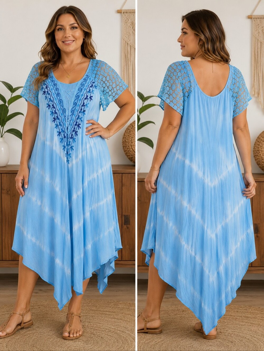 Ashley Taylor Embroidered Tie-Dye Handkerchief Hem Dress Women's Size 2X Boho